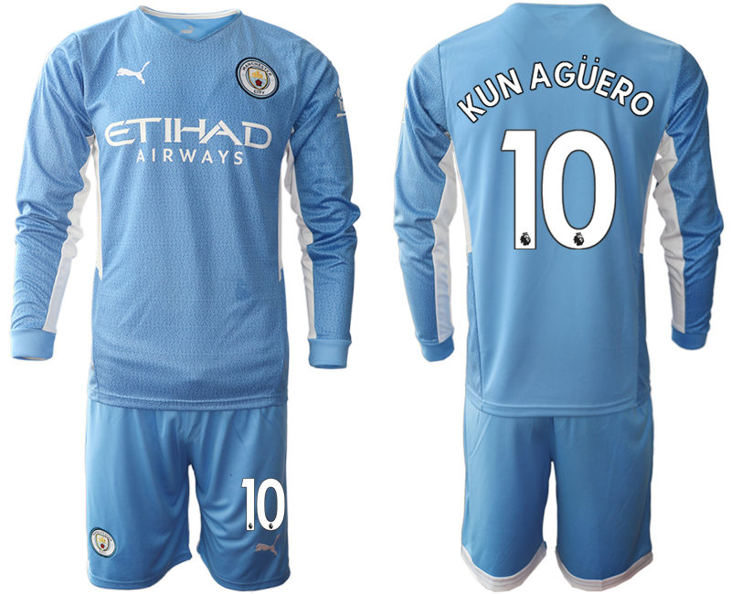 Men 2021-2022 Club Manchester city home Light blue Long Sleeve #10 Soccer Jersey->manchester city jersey->Soccer Club Jersey